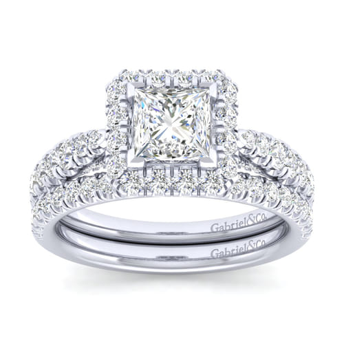 14K White Gold Princess Halo Diamond Engagement Ring