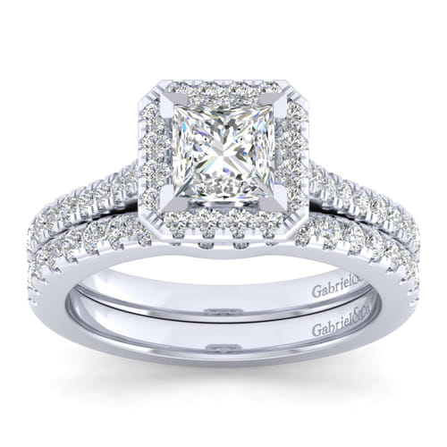 14K White Gold Princess Halo Diamond Engagement Ring