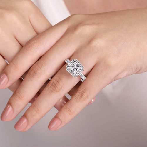 14K White Gold Princess Halo Diamond Engagement Ring
