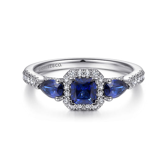 Gabriel - 14K White Gold Princess Halo Sapphire and Diamond Engagement Ring