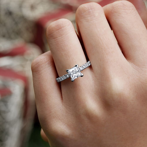 14K White Gold Princess Hidden Halo Diamond Engagement Ring