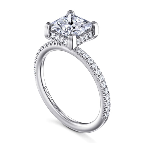 14K White Gold Princess Hidden Halo Diamond Engagement Ring