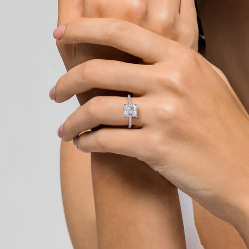 14K White Gold Princess Hidden Halo Diamond Engagement Ring
