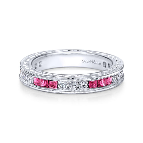 14K White Gold Princess Ruby and Round Diamond Stackable Ring