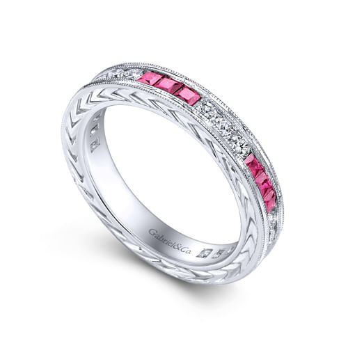 14K White Gold Princess Ruby and Round Diamond Stackable Ring