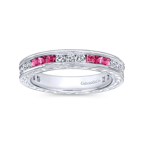 14K White Gold Princess Ruby and Round Diamond Stackable Ring
