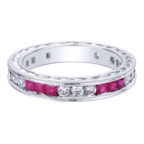14K White Gold Princess Ruby and Round Diamond Stackable Ring