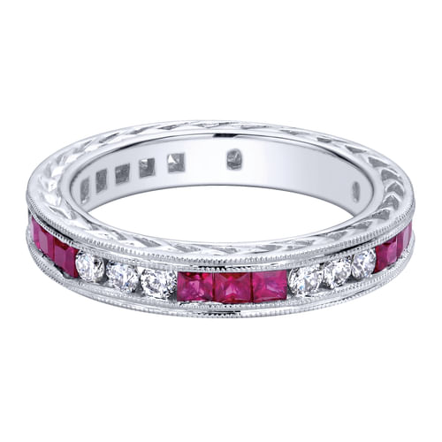 14K White Gold Princess Ruby and Round Diamond Stackable Ring