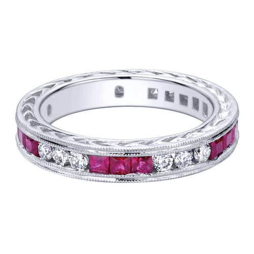 14K White Gold Princess Ruby and Round Diamond Stackable Ring