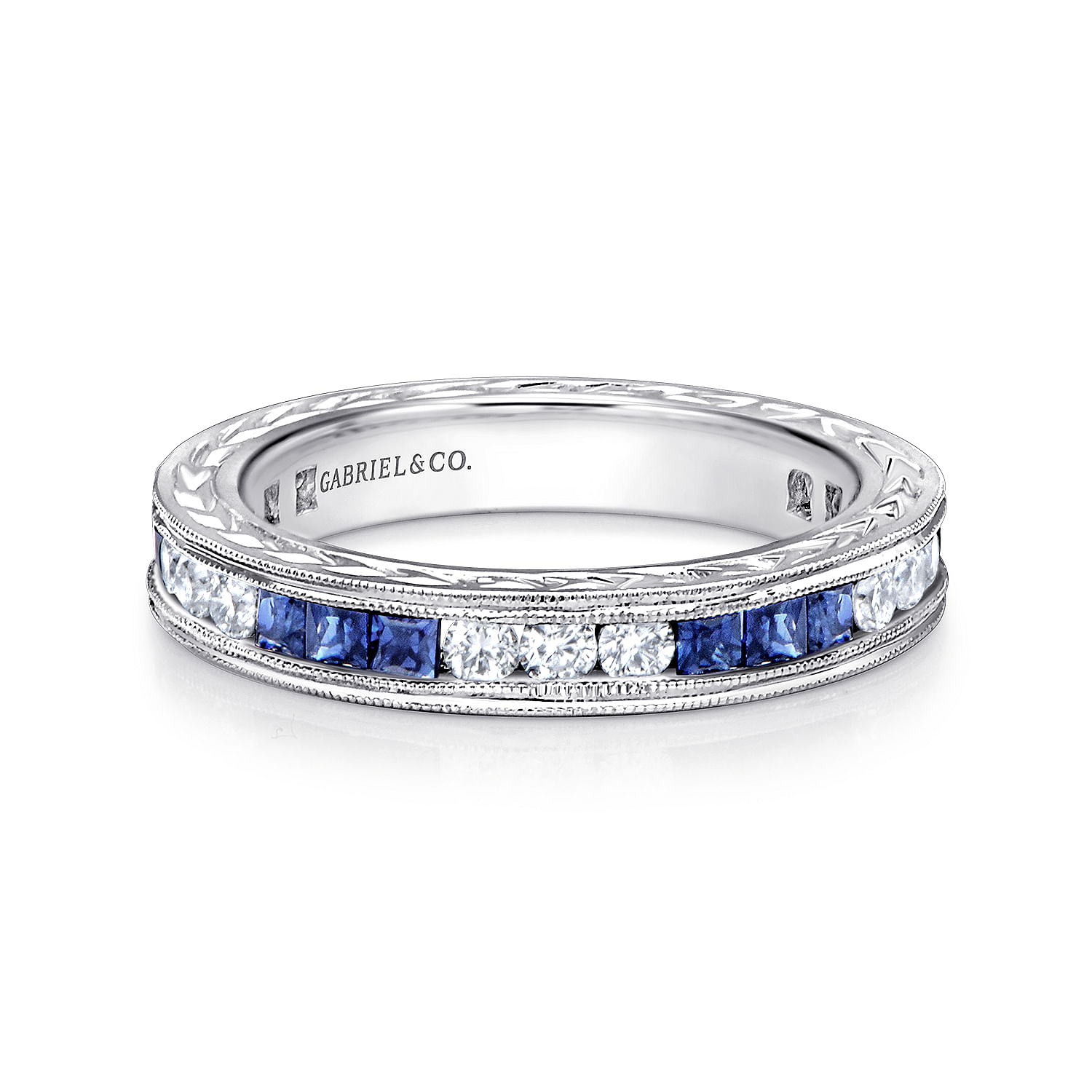 14K White Gold Princess Sapphire and Round Diamond Stackable Ring