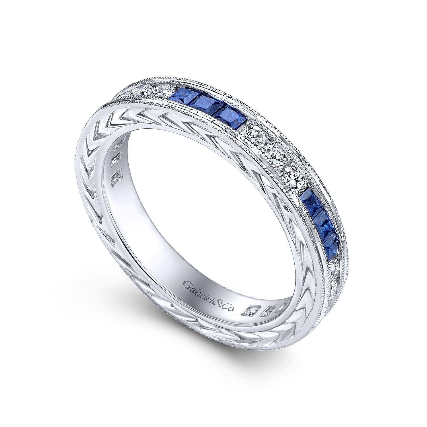 14K White Gold Princess Sapphire and Round Diamond Stackable Ring