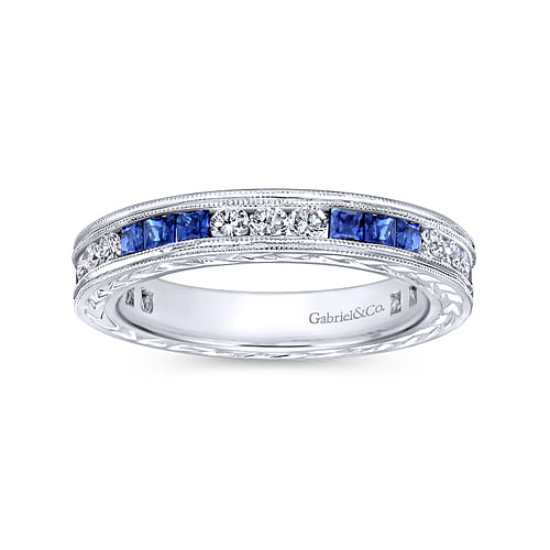 14K White Gold Princess Sapphire and Round Diamond Stackable Ring