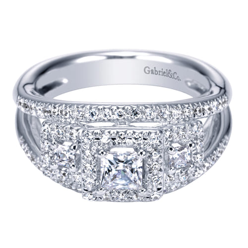 14K White Gold Princess Three Stone Halo Complete Diamond Engagement Ring