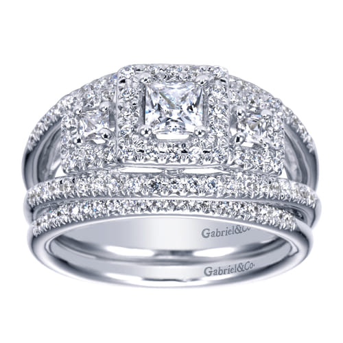14K White Gold Princess Three Stone Halo Complete Diamond Engagement Ring