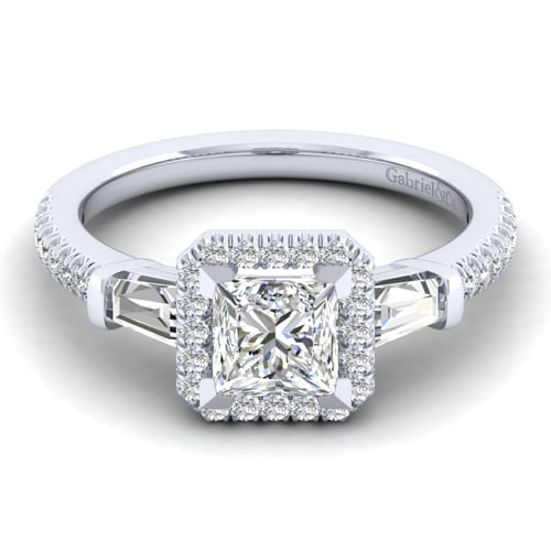 14K White Gold Princess Three Stone Halo Diamond Channel Set Engagement Ring
