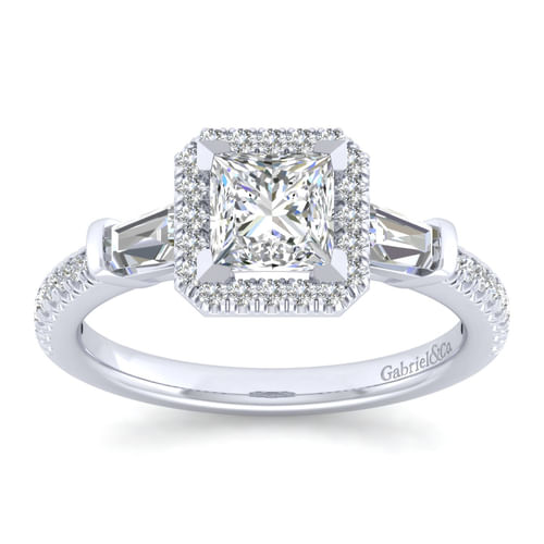 14K White Gold Princess Three Stone Halo Diamond Channel Set Engagement Ring