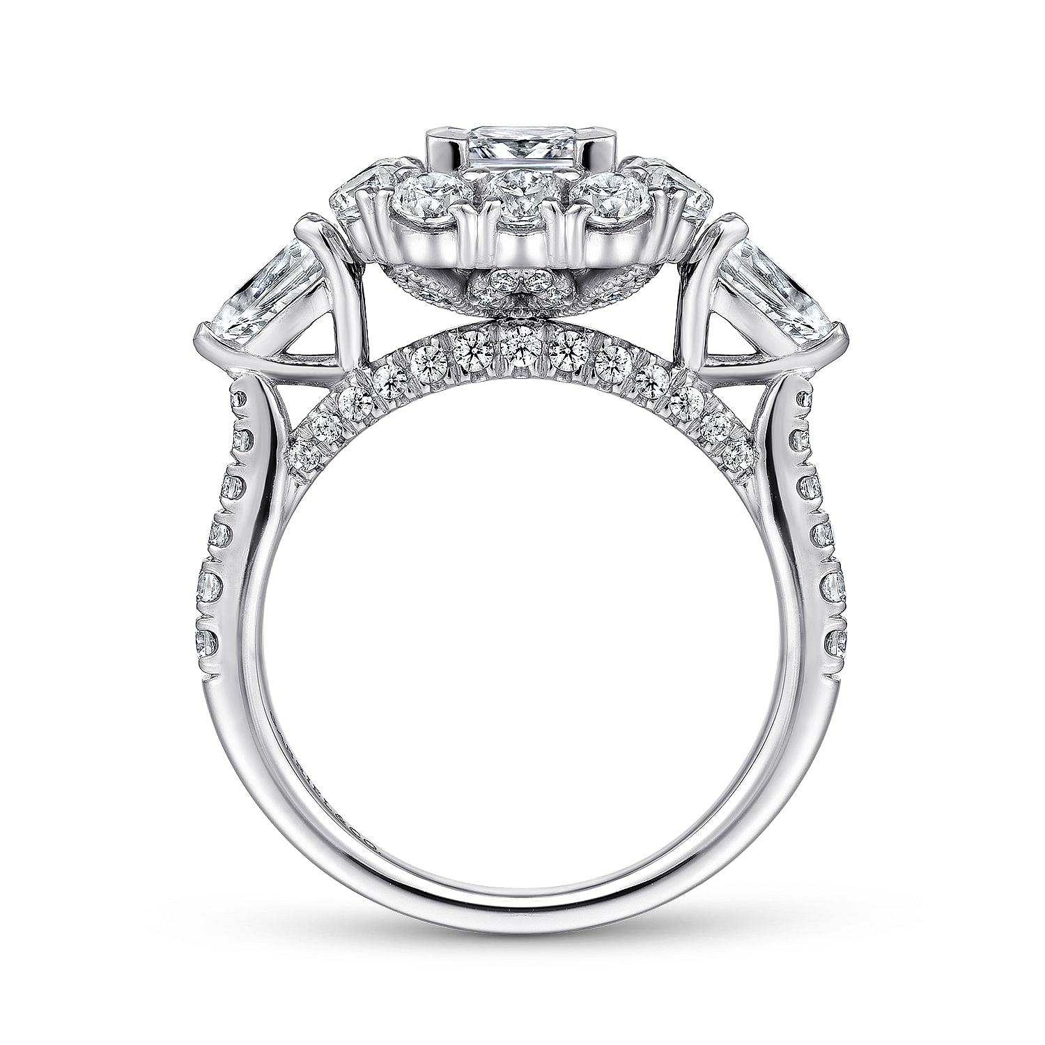 14K White Gold Princess Three Stone Halo Diamond Engagement Ring