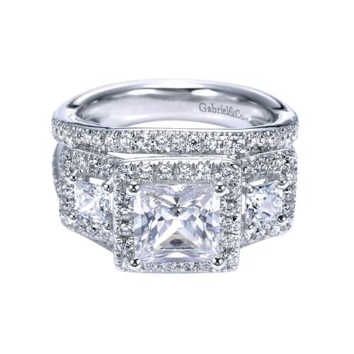 14K White Gold Princess Three Stone Halo Diamond Engagement Ring