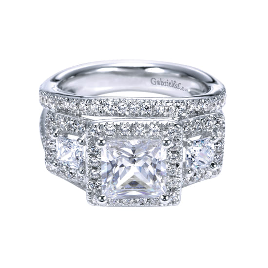 Gabriel - 14K White Gold Princess Three Stone Halo Diamond Engagement Ring