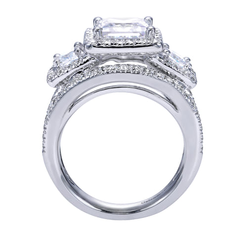 14K White Gold Princess Three Stone Halo Diamond Engagement Ring