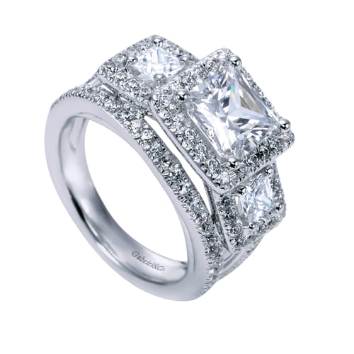 14K White Gold Princess Three Stone Halo Diamond Engagement Ring