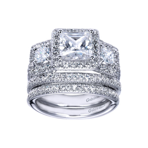 14K White Gold Princess Three Stone Halo Diamond Engagement Ring