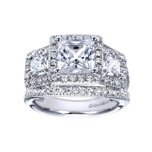 14K White Gold Princess Three Stone Halo Diamond Engagement Ring