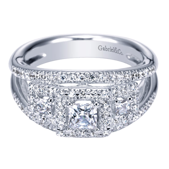 Gabriel - 14K White Gold Princess Three Stone Halo Diamond Engagement Ring