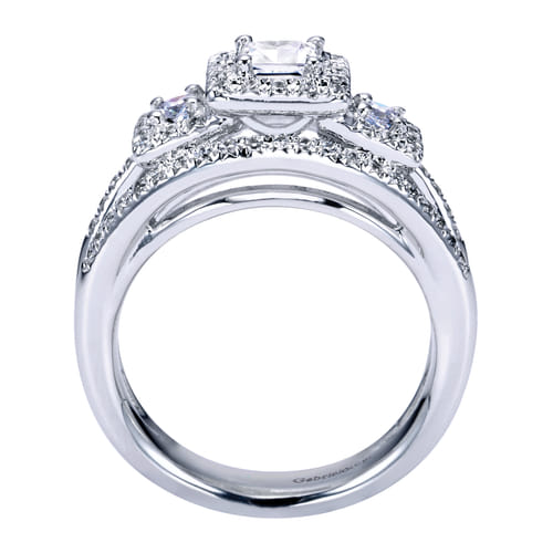 14K White Gold Princess Three Stone Halo Diamond Engagement Ring