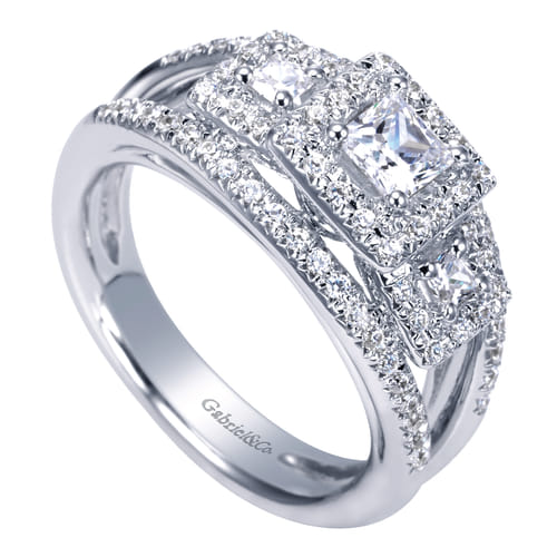 14K White Gold Princess Three Stone Halo Diamond Engagement Ring