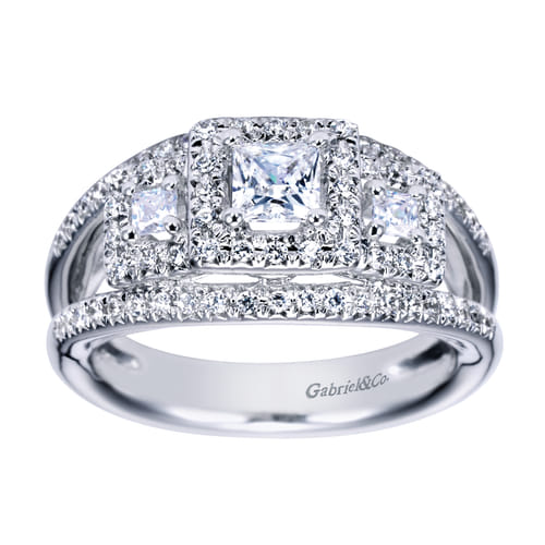 14K White Gold Princess Three Stone Halo Diamond Engagement Ring