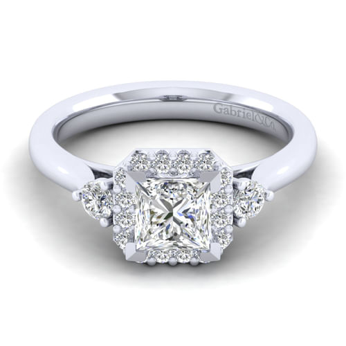 14K White Gold Princess Three Stone Halo Diamond Engagement Ring