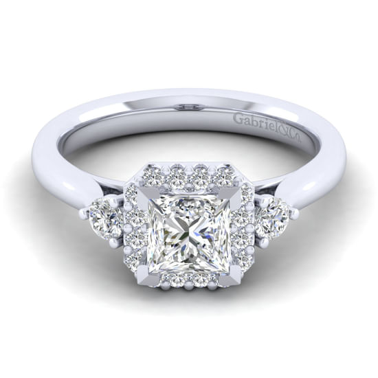 Gabriel - 14K White Gold Princess Three Stone Halo Diamond Engagement Ring
