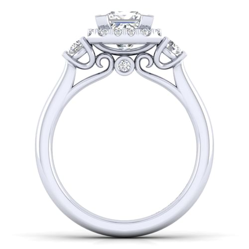 14K White Gold Princess Three Stone Halo Diamond Engagement Ring