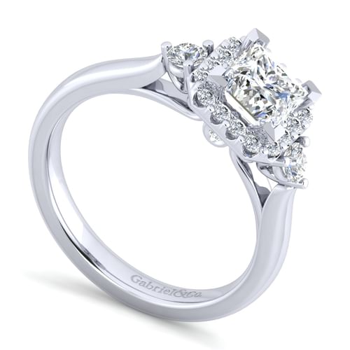 14K White Gold Princess Three Stone Halo Diamond Engagement Ring
