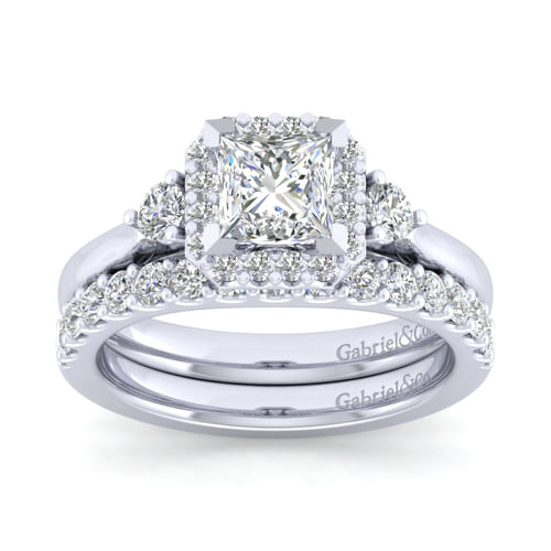 14K White Gold Princess Three Stone Halo Diamond Engagement Ring