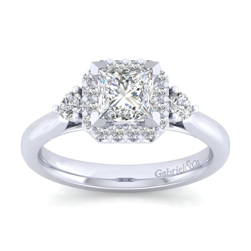 14K White Gold Princess Three Stone Halo Diamond Engagement Ring