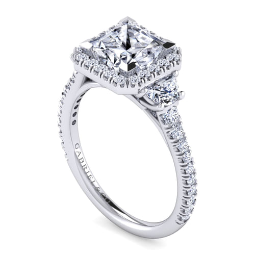 14K White Gold Princess Three Stone Halo Diamond Engagement Ring