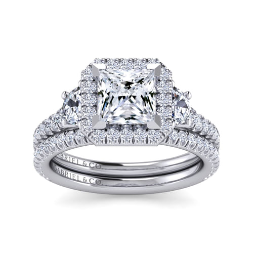 14K White Gold Princess Three Stone Halo Diamond Engagement Ring