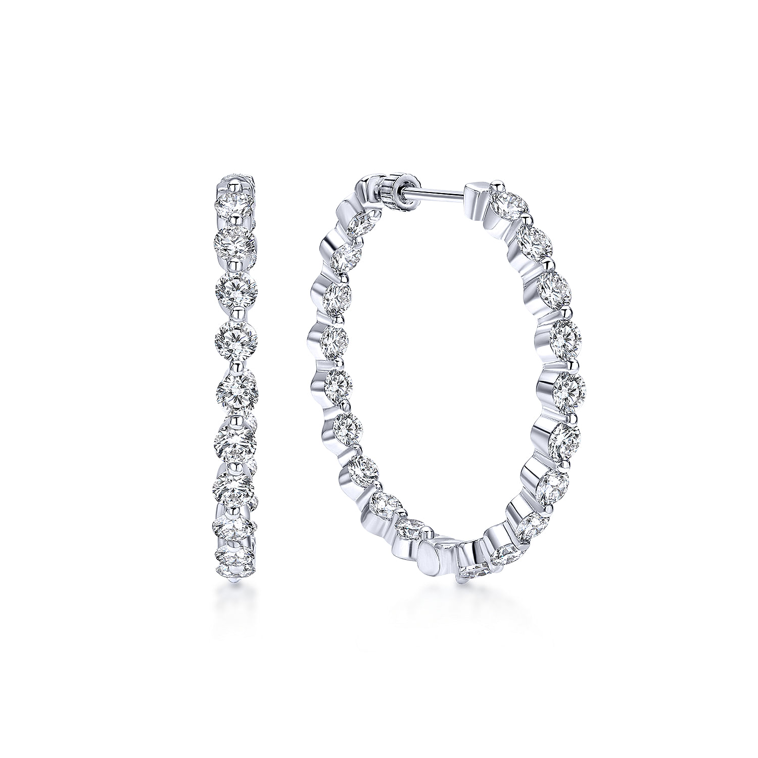 14K White Gold Prong Set  30mm Round Inside Out Diamond Hoop Earrings