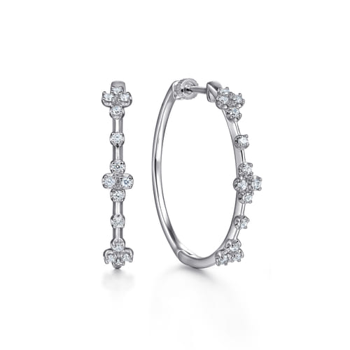 14K White Gold Prong Set 30mm Round Classic Diamond Hoop Earring