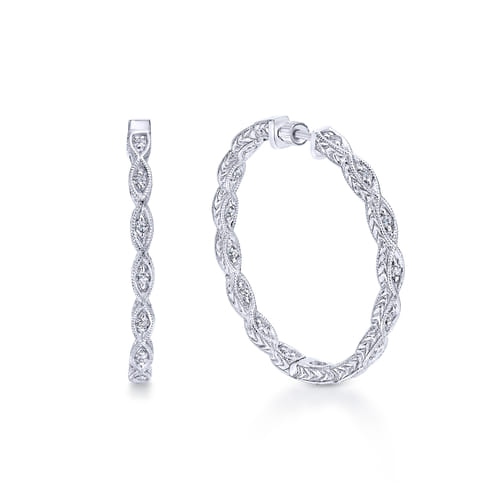 14K White Gold Prong Set 30mm Round Hand Carved Classic Diamond Hoop Earrings