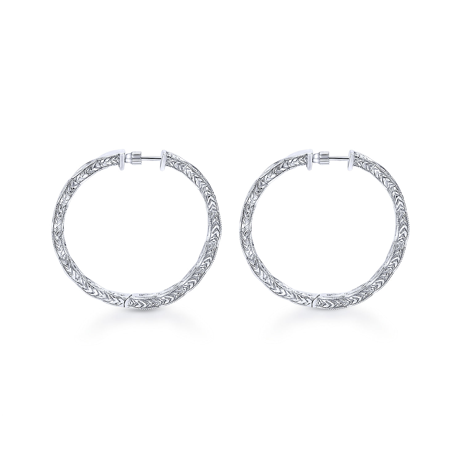14K White Gold Prong Set 30mm Round Hand Carved Classic Diamond Hoop Earrings