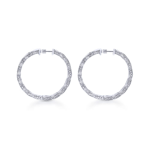 14K White Gold Prong Set 30mm Round Hand Carved Classic Diamond Hoop Earrings