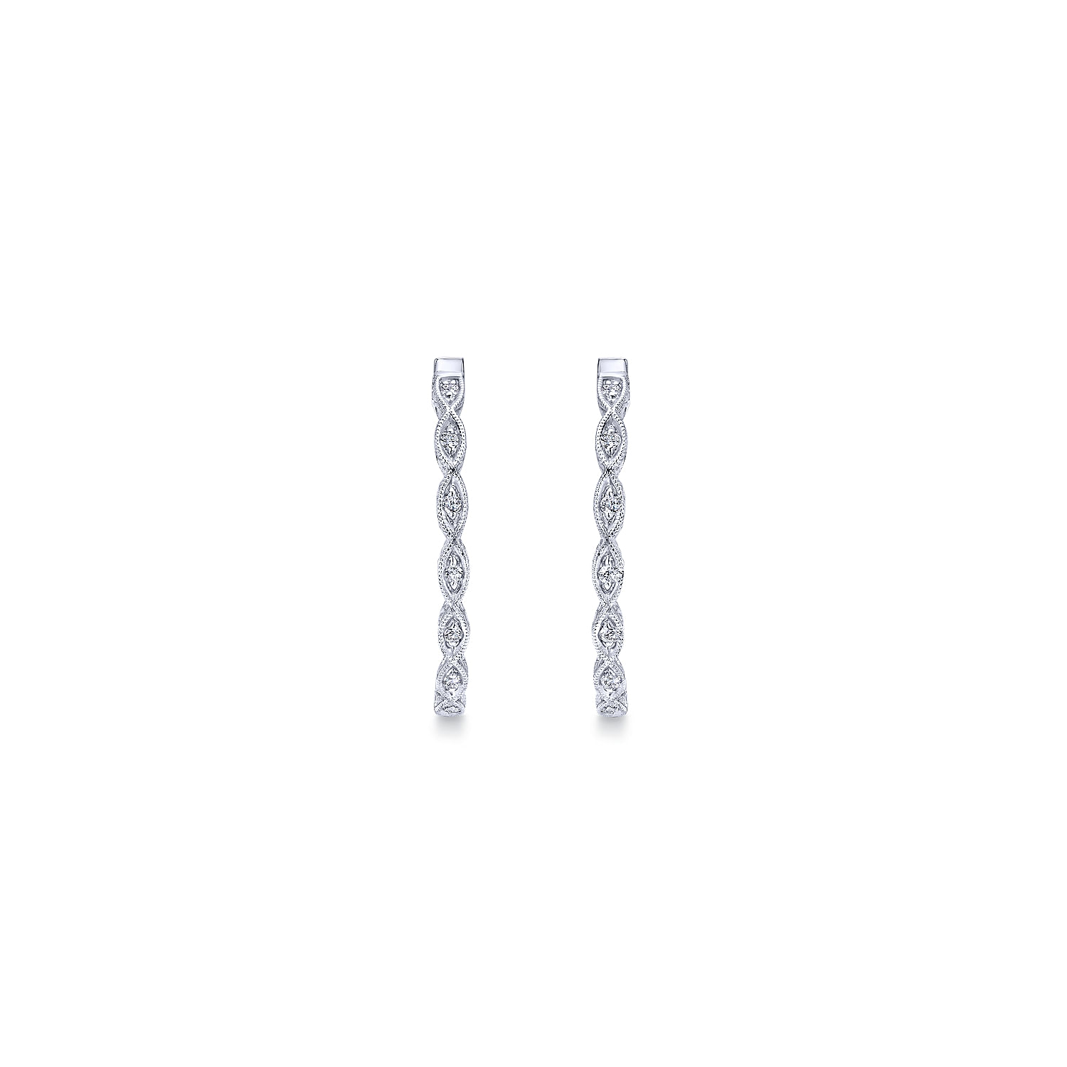 14K White Gold Prong Set 30mm Round Hand Carved Classic Diamond Hoop Earrings