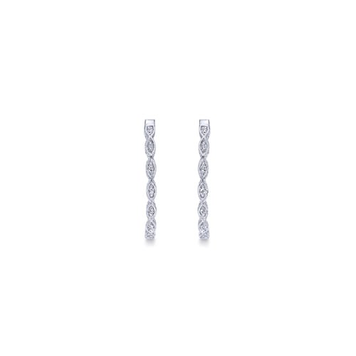 14K White Gold Prong Set 30mm Round Hand Carved Classic Diamond Hoop Earrings