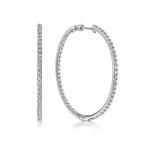 14K White Gold Prong Set 40mm Round Inside Out Diamond Hoop Earrings