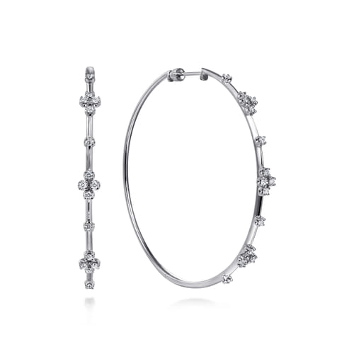 14K White Gold Prong Set 60mm Round Classic Diamond Hoop Earrings
