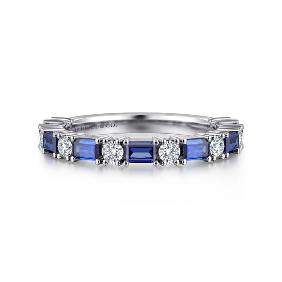 14K White Gold Prong Set Baguette Sapphire and Round Diamond Anniversary Band