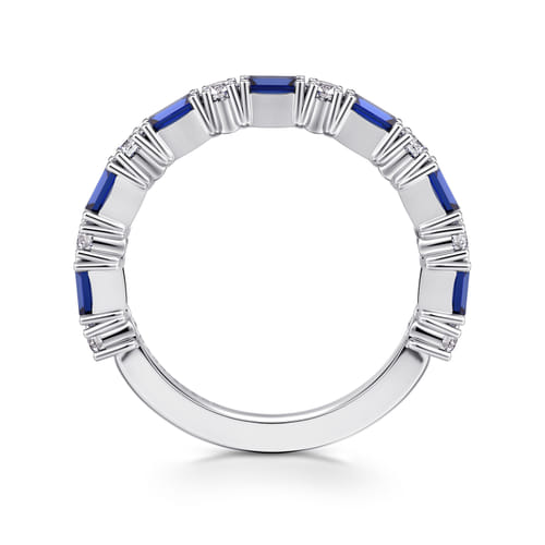14K White Gold Prong Set Baguette Sapphire and Round Diamond Anniversary Band